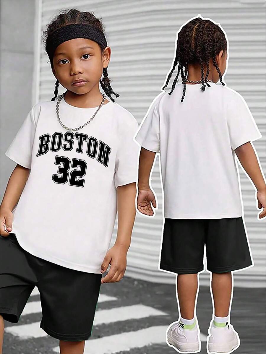 Tenue d'été décontractée pour garçons - T-shirt imprimé lettres et shorts, tissu mélangé élastane, lavable en machine, convient pour le port extérieur