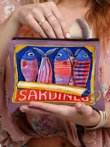 Retro Sardines Cosmetic Pouch,Olive Oil And Lemon Design, Unisex Adult Polyester Mini Makeup Bag, Hypoallergenic Zippered Toiletry Case, Pink Zippered Cosmetic Bag, Multifunctional Snack, Stationery Or Gift, Tin Fish Print Accessory Clutch, Cosmetic Pouch For Girls Women, Makeup Bag, Toiletry Bag For Travel, School, And Commuting,Unisex Adult Portable Storage Bag