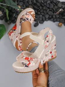 2024 New European Women Platform Wedge Sandals, Outdoor Versatile One-Strap Slides, Sexy Floral Print Beach Casual Slippers, Comfortable Open Toe Shoes, Green Floral Elevated Petite Shoes