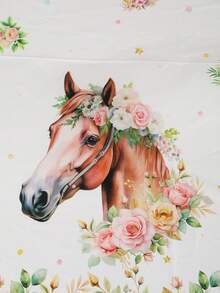 3pcs 137*274cm/53.94*107.87in Disposable Tablecloth With Gold Edge, Pink Floral & Horse Pattern, Suitable For Themed Parties And Daily Use - Multicolor - View 3