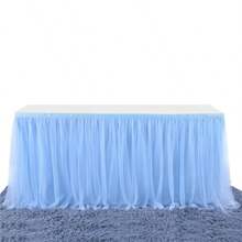 1pc Light Blue Sheer Ruffle Table Skirt, Fits Rectangular & Round Dining Tables - Perfect For Birthday Party, Wedding, Bridal Shower, Cake Table Decor And All Celebrations