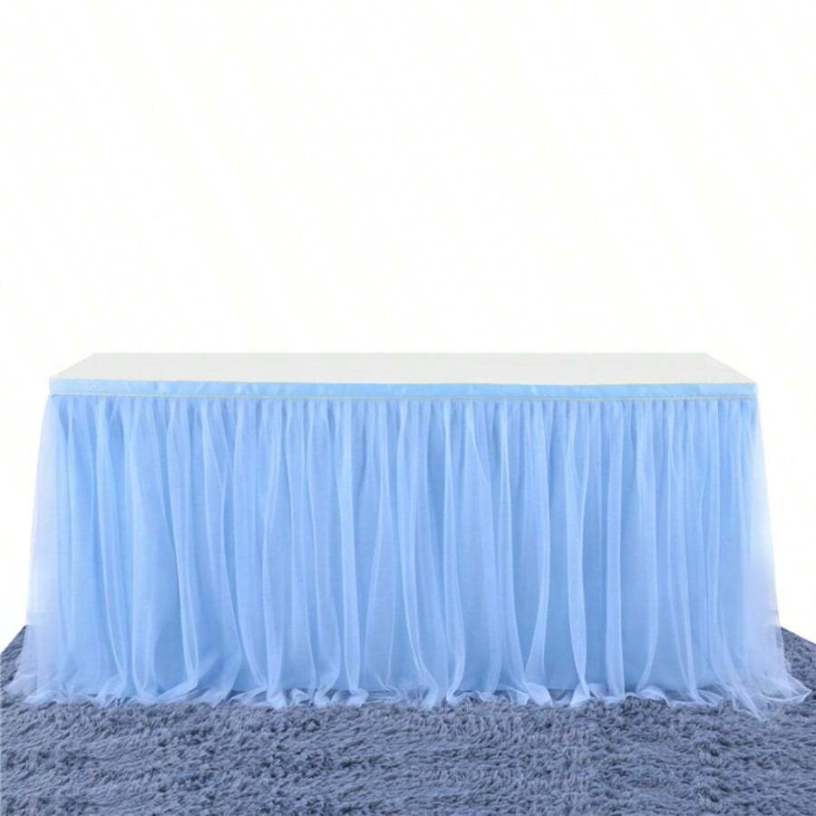1pc Light Blue Sheer Ruffle Table Skirt, Fits Rectangular & Round Dining Tables - Perfect For Birthday Party, Wedding, Bridal Shower, Cake Table Decor And All Celebrations