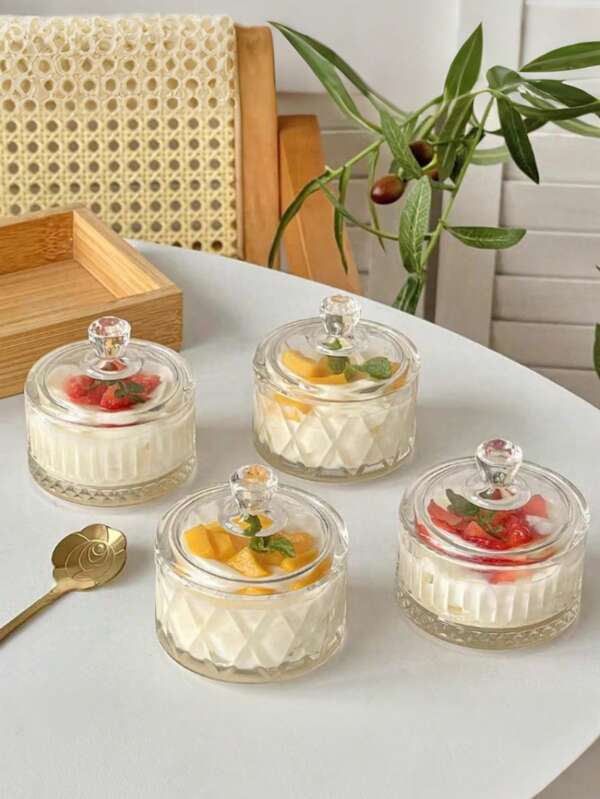 Glazen dessertbeker met deksel - rond, gestreept ontwerp, perfect voor yoghurt, ijs en vruchtengelei - geschikt voor thuis- en commercieel gebruik Dessertbeker met deksel Mangopuddingbeker IJsbeker