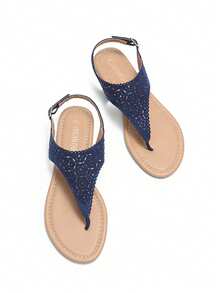 Women's Gladiator Flat Sandals Rhinestone Cutout Design Summer Vacation Beach Dressy Ankle Strap T-Strap Thong Sandals Shoes - Màu xanh hải quân - Xem 2