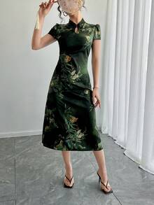 女士旗袍连衣裙，中式领，后拉链，系带腰部，花卉印花，中长款，中国风，民族风，短袖，夏季度假、聚会、节日连衣裙 - 綠色 - 查看 2