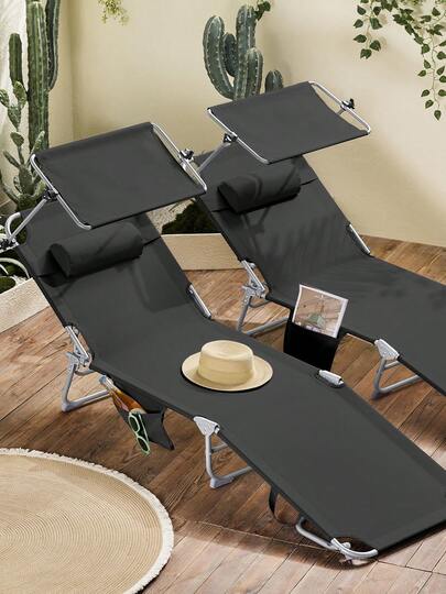 SoBuy OGS48x2 set med 2 solstolar med soltak och kudde, hopfällbar trädgårdsstol, strandstol, avslappningsfåtölj för trädgårdar, gårdar, stränder, upp till 110 kg lastkapacitet, B x H x D ca 191 x 19 x 56 cm