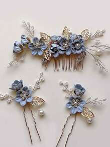3 Stücke Braut Hochzeitskopfschmuck, blauer Blumen Haarkamm, perlenbestickter Strass Samt Blumen Haarschmuck für Braut
