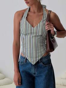 V-Neck Elastic Back Striped Pattern V-Hem Backless Tank Top, Multiple Colors For Women - Multicolor - View 6