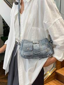 2025 New Fashion Punk Street Denim Blue Crossbody Shoulder Bag For Women, Large Capacity