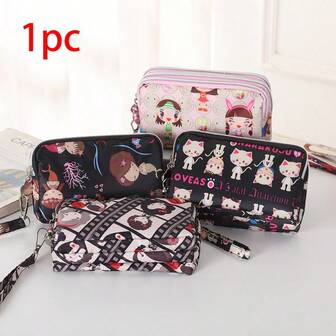 1 件便携式手机钱包三拉链手拿包零钱包全身随机印花手拿钱包购物手持钥匙包女士钱包钱包