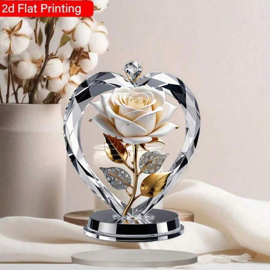 1pc 2D Flat Acrylic Art White Rose Love Acrylic Decorative Belt Base, Crystal Pattern Surrounding Rose 2D Pattern Desktop Plaque, Perfect For Home Decoration, Room, Bedroom Desktop Decoration, Wedding Anniversary, Mother's Day, Various Holiday Gift Decoration Signs And Plaques - Multicolor-decorations - View 1