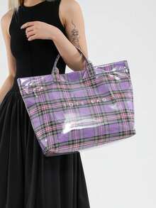 Tas Tote Kapasitas Besar Bergaya Kampus yang Modis - Terbuat dari PVC Ringan dan Kertas Kraft, dengan Penutup Kait dan Velcro, Pilihan Bergaya untuk Wanita - Purple - View 3