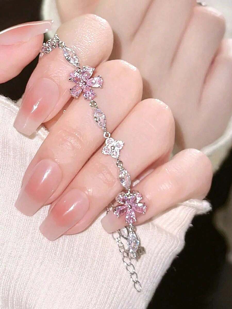 1pc Cherry Blossom Pink Crystal Bracelet, Suitable For Daily Wear, Zirconia Sakura Butterfly Charm Bell Bracelet For Women, Delicate And Chic, Elegant Feminine Gift - Pink - View 1