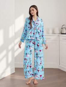 Womens 2 Piece Christmas Pajama Set Long Sleeve Snowman Print Button Up Shirt + Pants Set Winter Sleepwear - Sky Blue - View 5