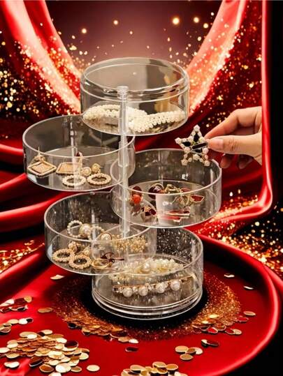 صندوق تخزين مجوهرات دوار 360 درجة - رف متعدد الطبقات شبه شفاف، صندوق مجوهرات، حامل مجوهرات، صندوق تخزين، صندوق مجوهرات قابل للدوران، منظم مستحضرات التجميل، مناسب لتخزين المجوهرات الصغيرة، مشابك الشعر، أقراط، تصميم أنيق وصغير الحجم، ديكور لغرفة التجميل، المنزل، المطبخ، غرفة النوم، للنساء، منظم التخزين، ضروريات السفر، عودة إلى المدرسة، تخزين السكن الجامعي، ديكور الخريف