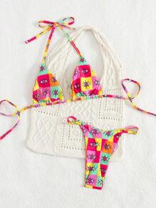 2 piezas Traje de baño de bikini con estampado de cuadros sencillos, con cuello halter, lazada ajustable en la espalda y cintura, para el verano