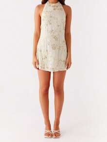 Women's Summer Halter Dress Shiny Sequin Bead Floral Backless Slim Fit Mini Dress - Vàng nhạt - Xem 6