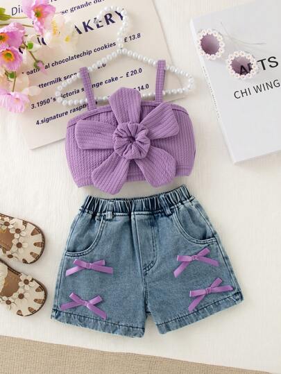 2pcs Baby Girls Holiday Style Floral Decor Strap Top & Bow Denim Shorts Set, Summer