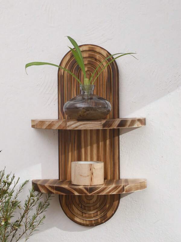 1 Pc Wooden 2-Tier Charred Hanging Shelf, Foyer & Hallway Key Holder Craft Display Stand, Floral Holder, Essential Oil Rack, Decorative Solid Wood Wall Mount