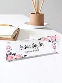 Personalized Floral Office Desk Nameplate, Transparent Acrylic Desk Nameplate, Customized Office Decor, Work Gift, Colleague Gift, Office Desk Nameplate, Office Desk Sign, Office Gift, Promotion Gift