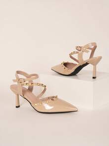 Women's High Heels - French Pointed Toe High Heels With Studs And T-Strap, Versatile Pumps For Spring & Autumn - Apricot - View 3