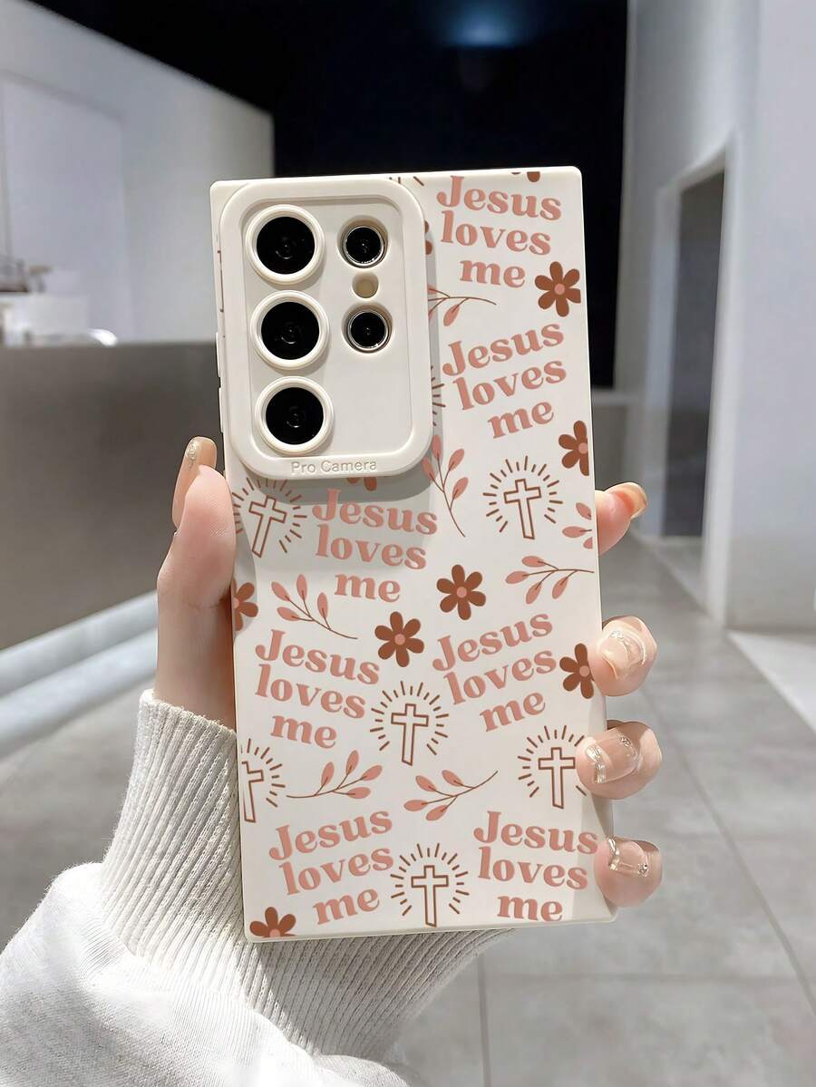 1pc Minimalist Jesus Cross & Flower Pattern Soft Phone Case, Black Cat Eye Design Fits - Multicolor - View 1