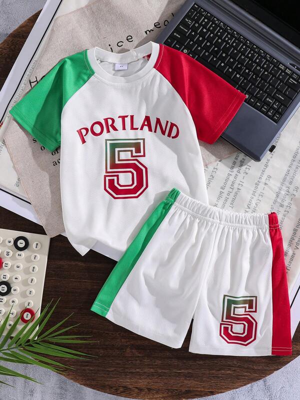 Boys' Contrast Color Basketball Breathable Short Sleeve Sports Set, Summer