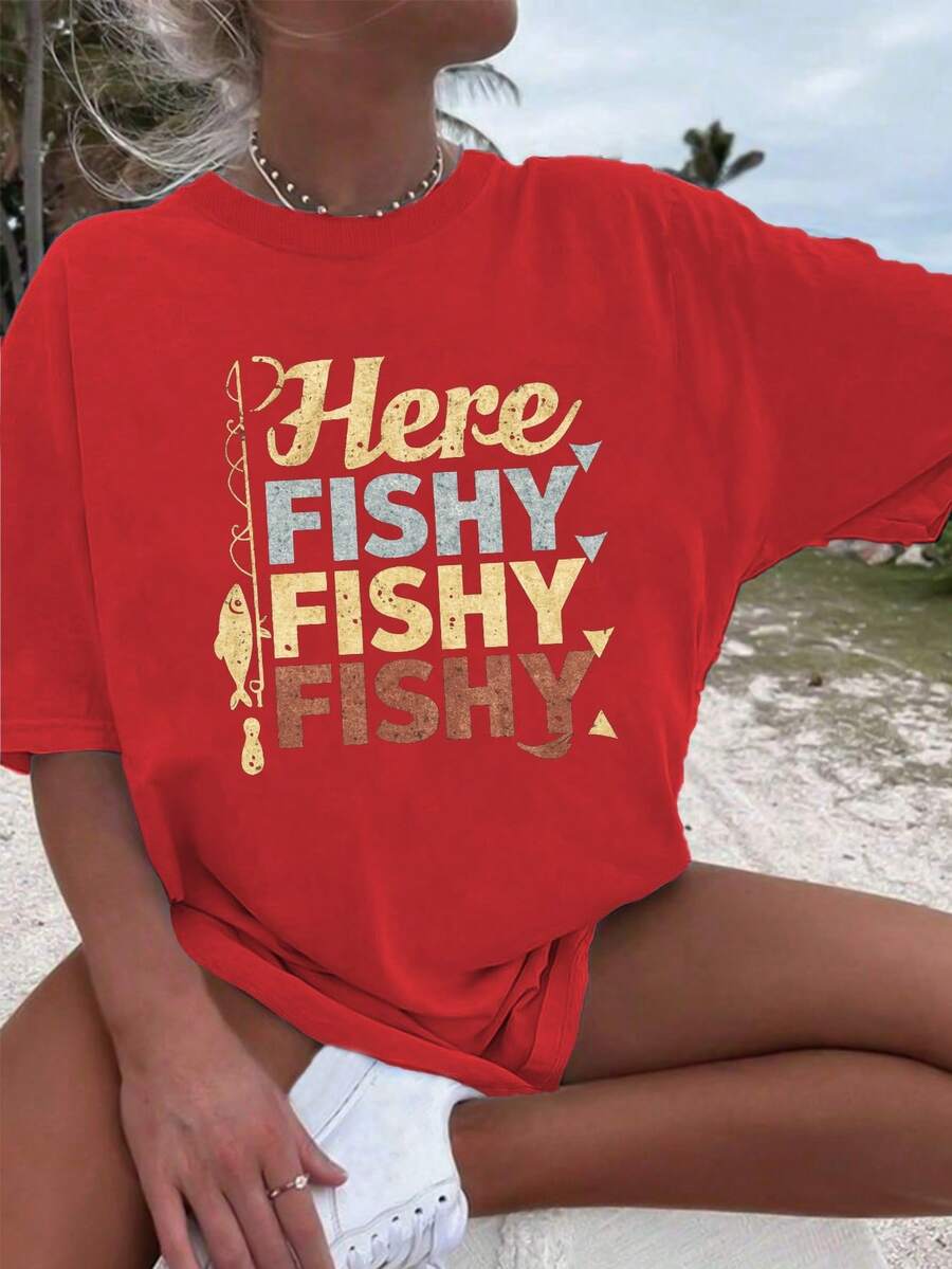 Here Fishy Fishy Fishy Fishing Graphic Print Women's Y2K Oversized T-Shirt, 180g Pure Cotton Vintage Retro Tee, Beach Outdoor Fishing Lover Gift, Back To School Top, Summer Tops, Casual Daily Wear, Streetwear, Festival Outfit - Đỏ - Xem 1