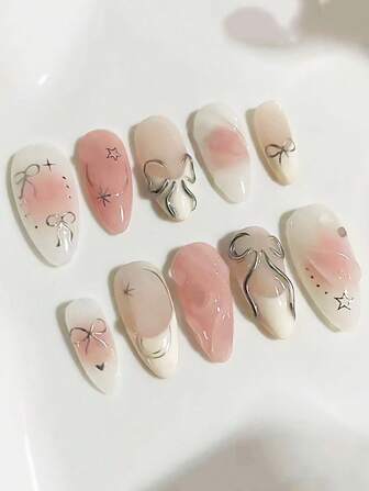 Unique Pink Almond Shaped Pressed Nails With 3D Bow And Star Decoration - Glossy Finish, Short Style - Perfect For Women And Girls. Short Style Beautiful Pressed Nails, Short Style Acrylic Nails With Accessories