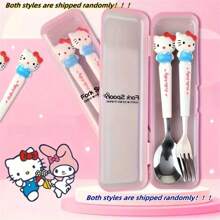 Sanrio (Authorized) Sanrio 2 Pieces Cute Cartoon Stainless Steel Portable Tableware Set, Children's Tableware, Student Outdoor Travel Spoon And Fork 2 Pieces Set, Suitable For Various Scenarios And Suitable For Various Festival Gifts(The Cutlery Box Can Be Disassembled Or Non Disassembled And Randomly Distributed),School Supplies