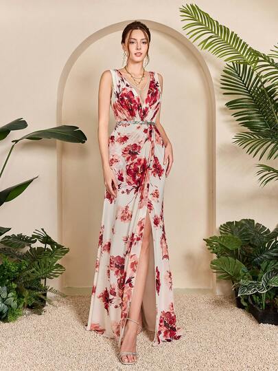 Mgiacy New Arrival Spaghetti Strap Floral Print Elegant Bridesmaid Dress With Ruffle Hem, Sequins, Waist Belt, Sheer Chiffon Maxi Dress, Suitable For Wedding Guests