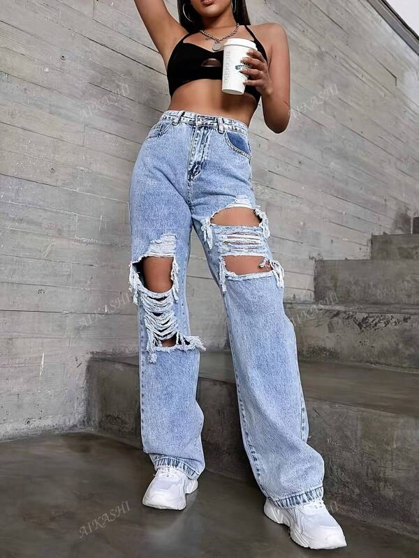[Knee Ripped] High Waisted Wide Leg Jeans For Women, 2025 All Season, Floor Length Straight Leg Pants To Elongate Legs, Vintage Street Style Versatile Jeans