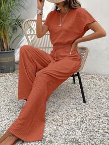 Conjunto De Dos Piezas Para Mujer De Color Sólido Con Manga Murciélago Y Pantalones Rectos Cortos - Naranja - Ver 4