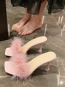 Women's Fluffy Feather Stiletto Heel Open Toe Sandals, Spring/Summer New Arrivals - Pink - View 5