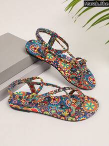 Sandalias de mujer estilo bohemio, sandalias planas tipo chanclas con estampado floral retro, sandalias planas casuales y vintage, pantuflas deslizantes para uso en el hogar, vacaciones y uso diario