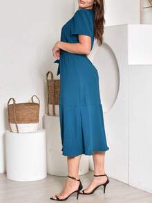Short Sleeve Midi Dress With Sash To Tie With Functional Buttons Modest Evangelical Fashion - 水鴨藍 - 查看 2