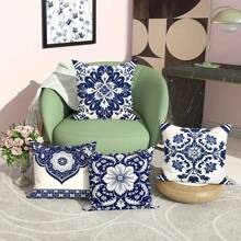 4 Peças, Capas de Almofada Estampa Floral Botânica Azul Marinho e Branca de Poliéster, Capas de Almofada Clássicas Vintage Boêmias, Capas de Almofada Decorativas 45*45 cm/17,71"x17,71", Adequadas para Decoração de Sala de Estar, Quarto, Sofá, Cama