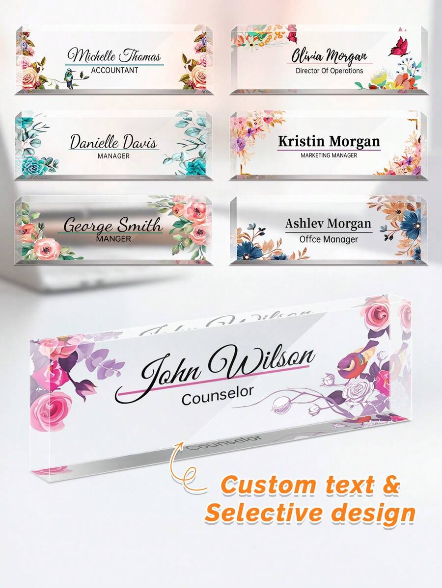 Personalized Floral Office Desk Nameplate, Transparent Acrylic Desk Nameplate, Customized Office Decor, Work Gift, Colleague Gift, Office Desk Nameplate, Office Desk Sign, Office Gift, Promotion Gift