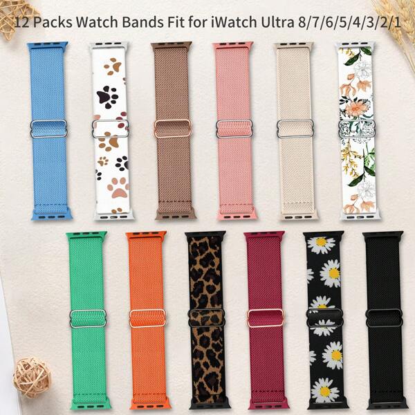 12 Packs Stretchy Printing Bands Compatible With Apple Watch Dial 38mm 40mm 41mm 42mm 44mm 45mm 49mm For Men Women, Nylon Adjustable Straps Compatible With IWatch Series 9 8 7 6 SE 5 4 3 2 1 Ultra Ultra 2, Adjustable Band, Gifts For Friends And Family