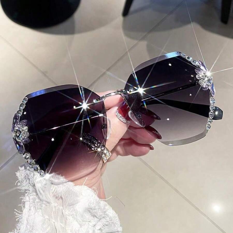 1pc Rhinestone Rimless Edged Fashion Glasses For Women, Glittering Accessory, Oversized Face Flattering, UV Protection, Fashion Eyewear For Vacation Outfits