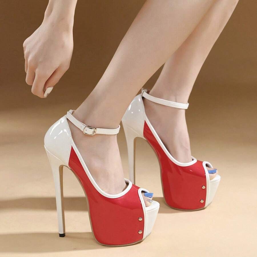 Stiletto High Heels Fish Mouth Platform Black And White High Heels - 紅色 - 查看 1