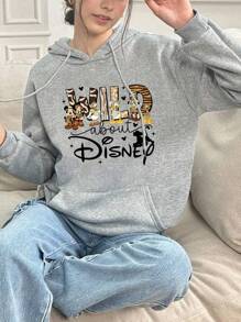 Disney Disney Authorized, Mickey Mouse Cartoon Letter Print Hooded Women's Sportswear, Sweet And Gentle Temperament Slim Fit Comfortable Hooded Sportswear, Suitable For Daily Casual Wear, Women's Hooded Sportswear, Disney Collaboration
