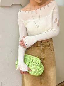 1 pieza Bolso de embrague con volantes tejido a mano de paja, bolso de paja macizo hecho a mano a ganchillo para mujeres, estilo casual de playa de vacaciones de verano bolso bandolera