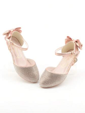 女童闪亮水晶高跟公主鞋，银色舞台表演装扮鞋，适合化妆舞会