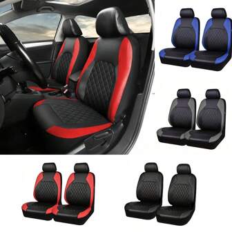 2 Car Front Seats PU Leather Quilted Lines, Full Set Of Synthetic PU Leather Car Seat Covers, Airbag Compatible, Breathable Universal Style Four Season Universal