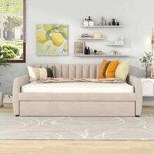 Full Size Upholstered Daybed With Trundle And Wood Slat Support, Beige(Old SKU:LP000121AAA) - 1 - View 4