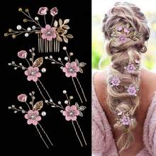 Elegant Vintage 5pcs Pearl & Rhinestone Hairpin Set - U-Shaped Bridal Hair Accessories With Handcrafted Beaded Leaf Design
