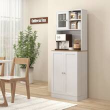 HOMCOM Credenza Cucina Alta con Armadietto, Piano Portamicroonde, 8 Ripiani su Ante, Mobile Dispensa Stretto con Ante in Vetro e Mensole Regolabili, per Soggiorno, Sala da Pranzo, 60x35x169 cm, Bianco