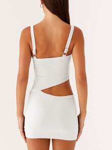 Women Cutout Mini Dress Spaghetti Strap Backless V-Neck Patchwork Bodycon Short Dress Party Cocktail - 白色 - 查看 3