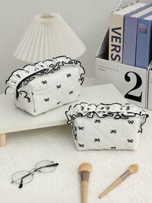 1 Piece Pink Quilted Plaid Cosmetic Bag With Cute Cherry Pattern, Girly Heart Design, Multifunctional Cosmetic Storage Pouch Portable Cosmetic Brush Clutch Bag With Zipper Closure, Ready Lipstick, Brush, Skincare Products, Storage Box, Jewelry Storage Box